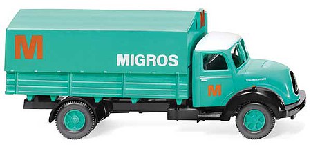 Wiking 42602 HO Scale 1958-1967 Magirus Sirius Low-Side Delivery Truck with Cover - Assembled -- Migros (turquoise, orange, German Lettering)