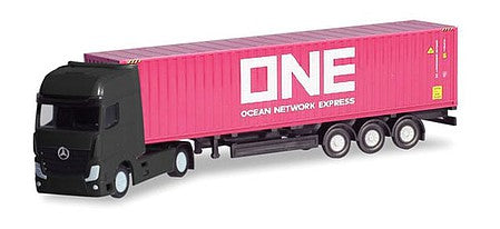 Herpa 66792 N Scale Mercedes-Benz Actros Tractor with Container Chassis Trailer - Assembled -- Black Tractor with ONE Container (magenta)