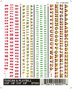Woodland Scenics 501 All Scale Dry Transfer Alphabet & Number Sets -- Tuscan & Playbill Type Faces (3/16 & 1/8", red, green, yellow & 2-Tone)