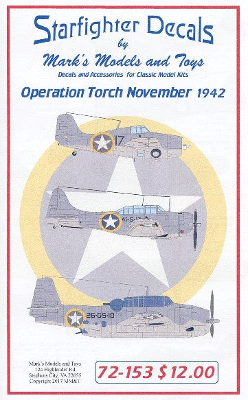 Starfighter Decals 72153 1/72 F4F4, TBF1, SBD3, SOC Seagull, L4A Operation Torch Nov 1942