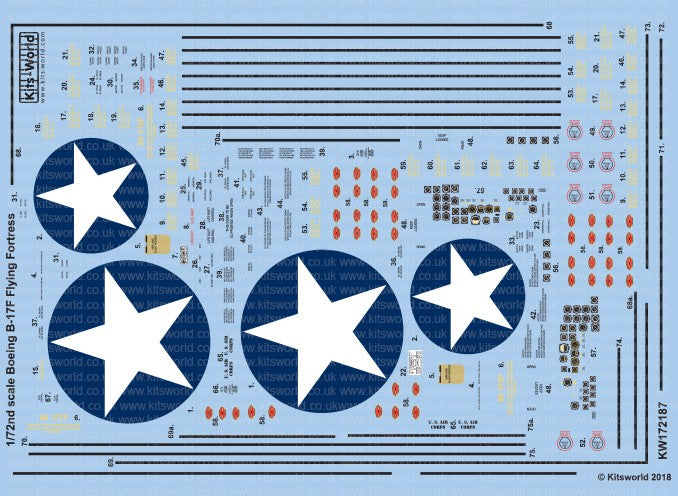 Warbird Decals 172187 1/72 B17F Blue Outlined Stars, Stenciling, National Insignia, Cockpit Instrumentation & Walkways, etc