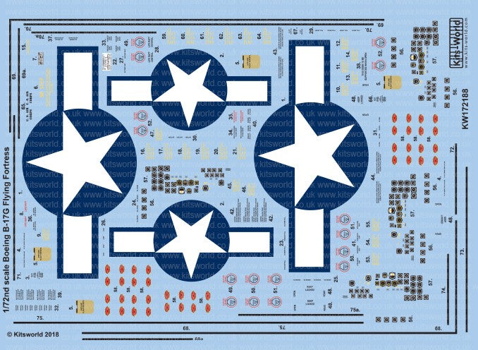 Warbird Decals 172188 1/72 B17G Blue Outlined Stars & Bars, Stenciling, National Insignia, Cockpit Instrumentation & Walkways, etc