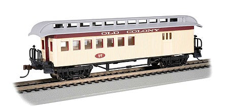 Bachmann 15206 HO Scale Old Time Wood Combine with Round-End Clerestory Roof - Ready to Run -- Old Colony Railroad (yellow, red)