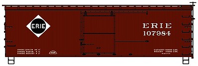 Accurail 1803 HO Scale 36' Double-Sheathed Wood Boxcar, Steel Roof, Wood Ends, Straight Underframe -- Erie 107984 (Boxcar Red, white, black)