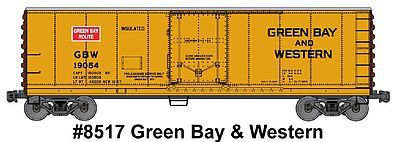Accurail 8517 HO Scale 40' Steel Reefer w/Plug Doors - Kit -- Green Bay & Western #19054 (yellow, Boxcar Red, red)