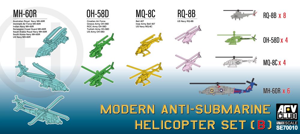AFV Club 70010 1/700 Modern Anti-Submarine Helicopter Set B: MH60R, OH58D, MQ8C, RQ8B (22)