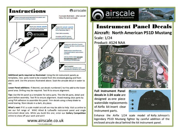 Airscale 2404 1/24 P51D Mustang Instrument Panel (Decal) (D)