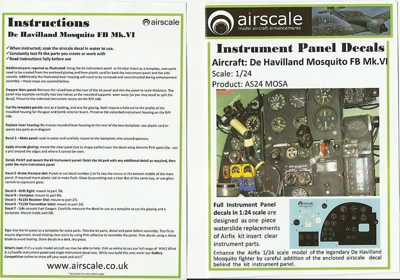 Airscale 2411 1/24 DeHavilland Mosquito FB Mk VI Instrument Panel (Decal) (D) 
