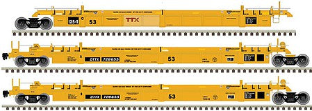 Atlas Model Railroad 20006626 HO Scale Thrall 53' 3-Unit Articulated Well Car - Ready to Run - Master(R) -- TTX 728016 (yellow, black, Small red Logo)