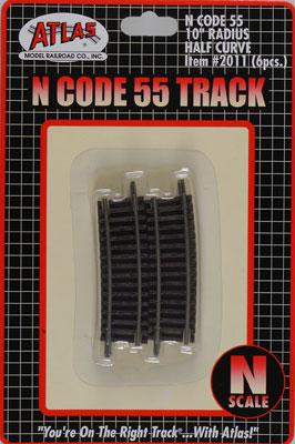 Atlas Model Railroad 2011 N Scale Code 55 Track w/Nickel-Silver Rail & Brown Ties -- 10" Radius Half Curve pkg(6)