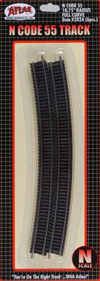 Atlas Model Railroad 2024 N Scale Code 55 Track w/Nickel-Silver Rail & Brown Ties -- 18-3/4" Radius Full Curve pkg(6)