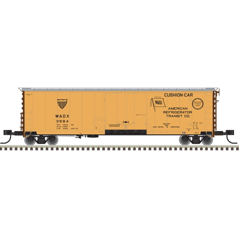 Atlas Model Railroad 50005691 N Scale 50' GA RBL Plug-Door Boxcar - Ready to Run - Master(R) -- American Refrigerator Transit 3594 (yellow, Boxcar Red, black)