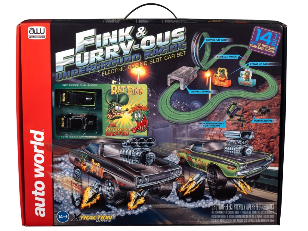 Auto World 34703 HO Rat Fink Fink & Furry-Ous Underground Slot Car 14' Racing Set