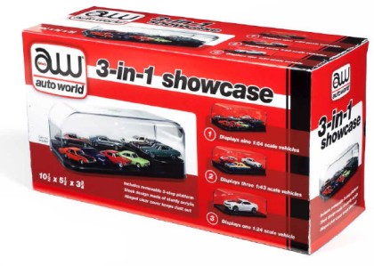 Auto World 4 3-in-1 Auto Plastic Display Showcase for 1/64, 1/43, 1/24 w/Black Base & Interchangeable Inserts