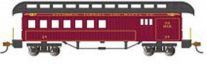 Bachmann 15204 HO Scale Old-Time Wood Combine with Round-End Clerestory Roof - Ready to Run -- Atchison, Topeka & Sante Fe #24 (Boxcar Red, black)