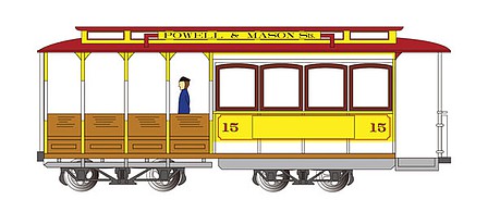 Bachmann 60538 HO Scale Cable Car with Grip Man - Standard DC -- Powell & Mason Streets #15 (yellow, red)