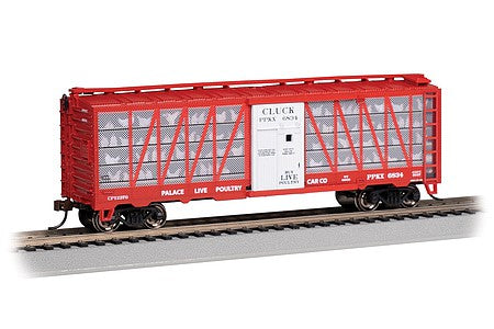 Bachmann 15907 HO Scale Poultry Stock Car with Chickens - Ready to Run -- Palace Live Poultry Co. PPKX #6834 (Boxcar Red, White Door; "Cluck" Slogan)