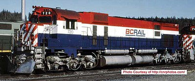Bowser 24873 HO Scale Montreal Locomotive Works M630 - Standard DC - Executive Line -- BC Rail 720 (red, white, blue, Recessed Ditch Lights, Ext Filter)