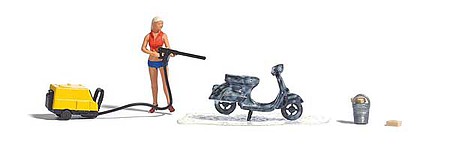 Busch 7833 HO Scale Complete Miniature Scene -- Scooter Wash with Pressure Washer, Bucket and Woman Figure