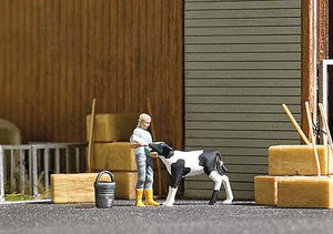 Busch 7932 HO Scale Calf Feeding - Action Set -- Girl Feeding Calf, Stable Tools, Hay Bales