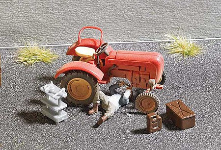 Busch 7937 HO Scale Tractor Repair - Action Set -- Tractor, Tool Cart, Toolbox, Container
