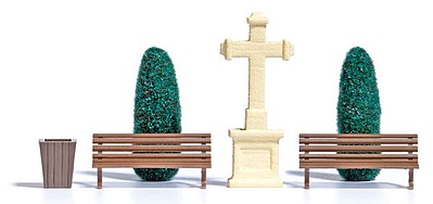 Busch 8110 N Scale Stone Cross Scene -- Stone Cross, 2 Trees, 2 Benches & Garbage Can