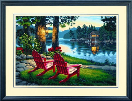 Dimensions Puzzles 91357 Adirondack Evening (Lake, Cabin, Chairs) Paint by Number (20"x14")