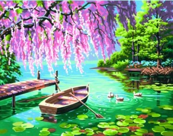 Dimensions Puzzles 91491 Willow Spring Beauty (Rowboat/Pond/Ducks) Paint by Number (14"x11")