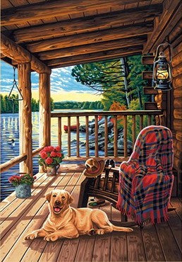 Dimensions Puzzles 91674 Log Cabin Porch (Chair/Dog/Lake Scene) Paint by Number (14"x20")