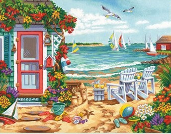 Dimensions Puzzles 91676 Summertime Inlet (Beach, Chairs, House, Sailboats) Paint by Number (14"x11")