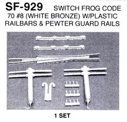 Details West 929 HO Switch Frog Code 70 #8 w/Plastic Railbars & Pewter Guard Rails (White Bronze) Set