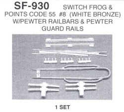 Details West 930 HO Switch Frog Code 55 #8 w/Switch Points & Pewter Guard Rails/Railbars (White Bronze) Set