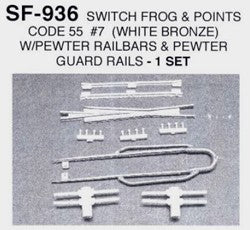 Details West 936 HO Switch Frog Code 55 #7 w/Switch Points & Pewter Guard Rails/Railbars (White Bronze) Set