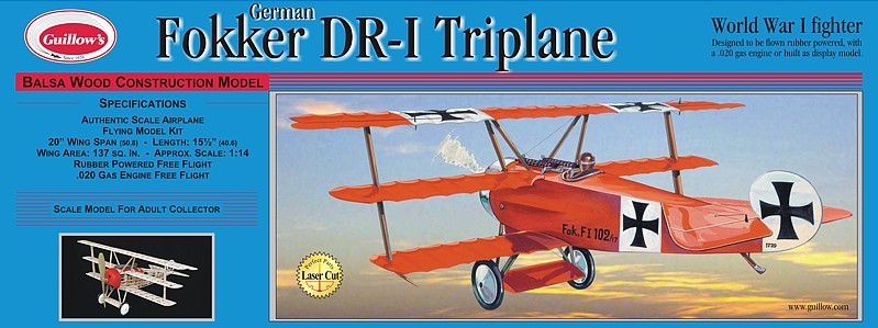 Guillows 204 20" Wingspan Fokker Dr1 Triplane Laser Cut Kit