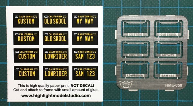 Highlight Model Studio 50 1/24-1/25 License Plate Frames (6) & Printed Plates (12)