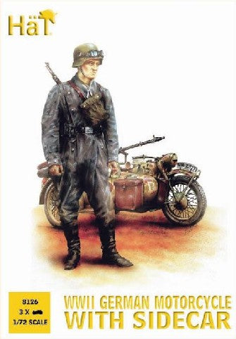 Hat Industries 8126 1/72 WWII German Motorcycles w/Sidecar (3) & Soldiers (15)