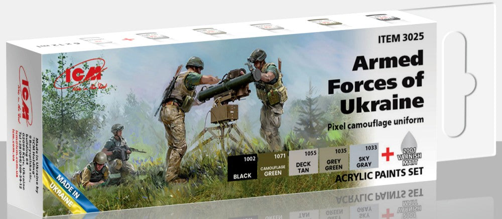 ICM Models 3025 Acrylic Paint Set for Armed Forces of Ukrainian (5 Colors & Varnish, 12ml Bottles)