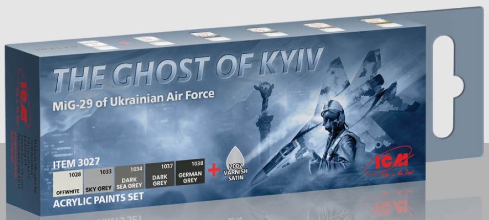 ICM Models 3027 Acrylic Paint Set for The Ghost of Kyiv MiG29 Ukrainian AF (5 Colors & Varnish, 12ml Bottles)