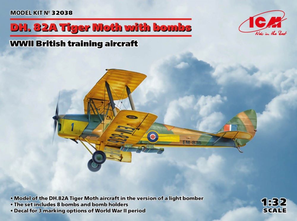ICM Models 32038 1/32 WWII British DH82A Tiger Moth Training Aircraft w/Bombs
