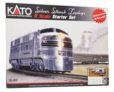 Kato 1060041 N Scale Silver Streak Zephyr Starter Set -- Chicago, Burlington & Quincy (silver, black)
