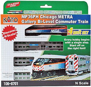 Kato 1068701 N Scale Chicago Metra Bi-Level Commuter Train-Only Set - Standard DC -- MP36PH, 2 Bi-Level Coaches, Bi-Level Cab Car