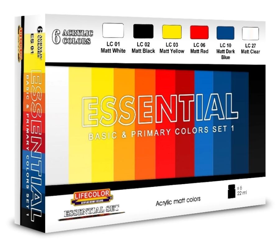 Lifecolor ES1 Essential Basic & Primary Matt Colors Acrylic Set #1 (6 22ml Bottles)