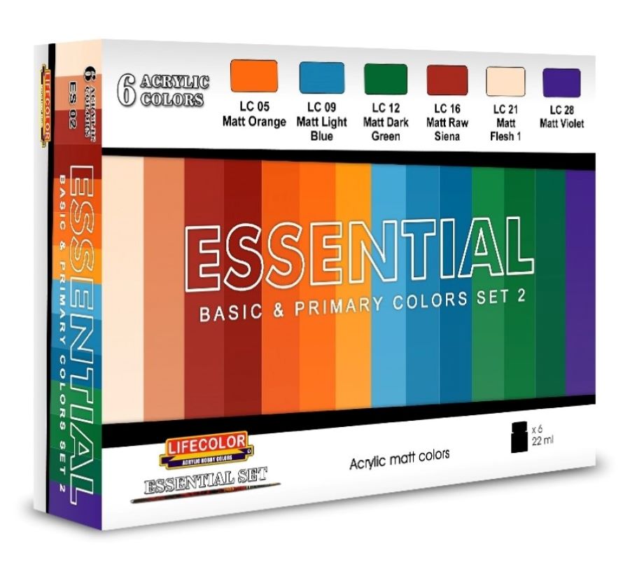 Lifecolor ES2 Essential Basic & Primary Matt Colors Acrylic Set #2 (6 22ml Bottles)