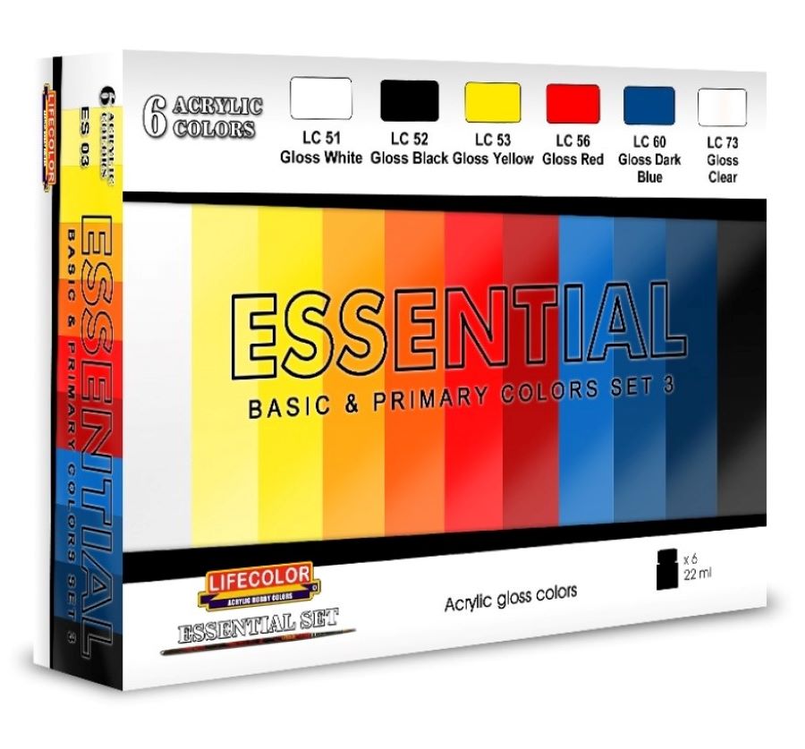 Lifecolor ES3 Essential Basic & Primary Gloss Colors Acrylic Set #3 (6 22ml Bottles)