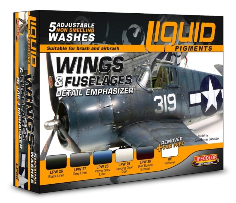 Lifecolor LP6 Wings & Fuselages Aircraft Detail Emphasizer Liquid Pigments Set (6 22ml Bottles)