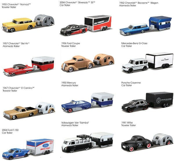 Maisto 15368 1/64 Design Tow & Go Assortment: Various Cars & Different Style Trailers (6 Total)