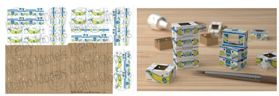 Matho Models 35134 1/35  Cardboard Boxes Banana Printed Paper (14) (3 different designs)