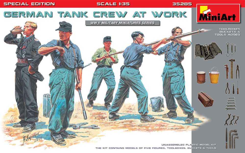 MiniArt 35285 1/35 WWII German Tank Crew at Work (5) w/Tools & Boxes (Special Edition)