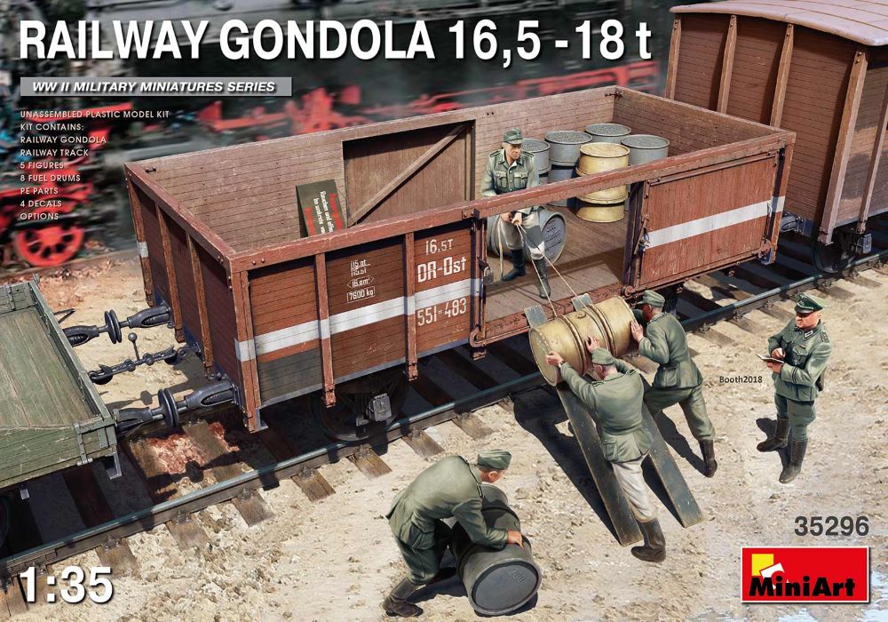 MiniArt 35296 1/35 WWII 16.5 18-Ton Railway Gondola w/Figures (5) & Fuel Drums (8)