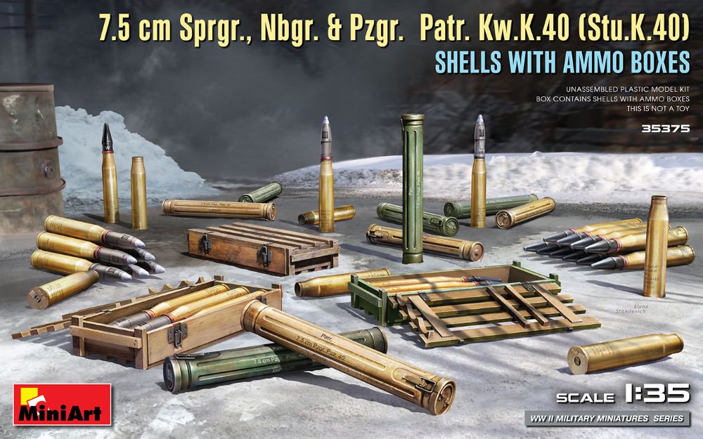 MiniArt 35375 1/35 WWII 7.5cm Sprgr., Nbgr. & Pzgr. Patr. KwK40 (StuK40) Shells w/Ammo Boxes
